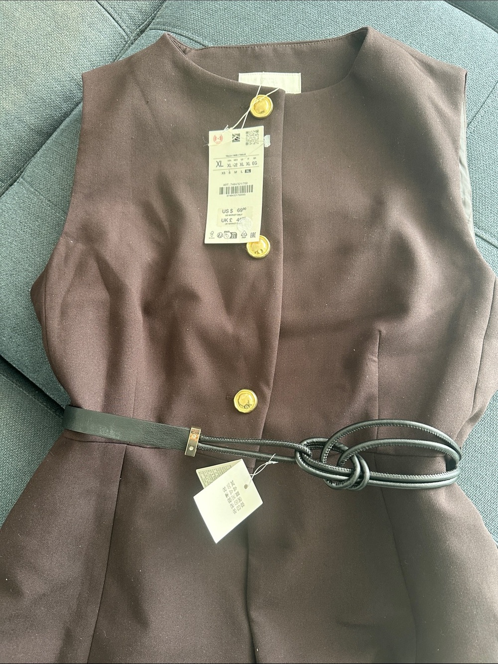 Zara Sleeveless Peplum Top in Dark Brown with Gold Buttons - Picture 2 of 3